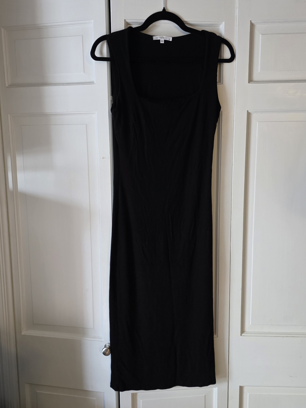 Antistar Black Ribbed Midi Dress M Minimalist Bodycon Tank Dress Sleek Basic
